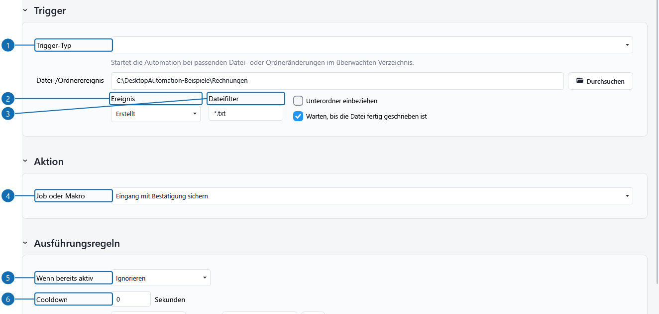 Ordnerüberwachung mit Beispieldateipfad und Filter für Textdateien. Der Beispielpfad muss vor Verwendung angepasst werden.