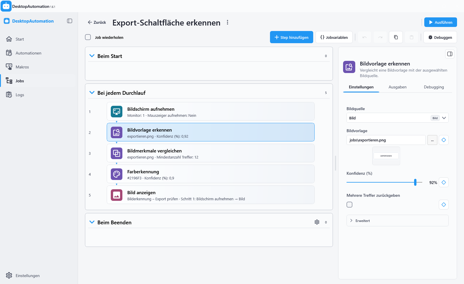 DesktopAutomation im hellen Design: Beispiel-Job Export-Schaltfläche erkennen mit Bildschirmaufnahme, Bildvorlage erkennen, Bildmerkmale vergleichen, Farberkennung und Bild anzeigen