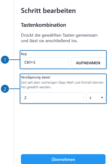 Gruppierte Maus- und Tastaturbefehle mit ausgewählter Tastenkombination.