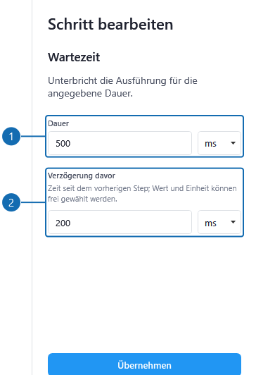Eine Wartezeit von 500 ms innerhalb der Eingabegruppe, zusätzlich zur Verzögerung vor dem Befehl.