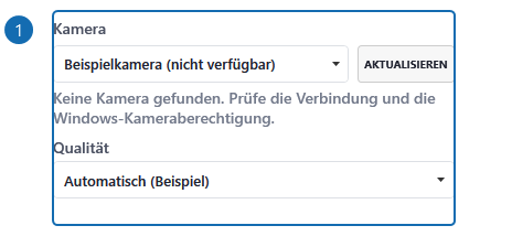 Detailansicht: Kamerabild aufnehmen. Markierte Beschriftungen zeigen die Einstellungen im Editor. Die Abbildung zeigt eine Beispielkonfiguration, keine ausgeführte Aktion. Zusammengestellte Ausschnitte echter Einstellungsfelder mit Beispielwerten; die Nummer markiert Beschriftung und Eingabe gemeinsam.