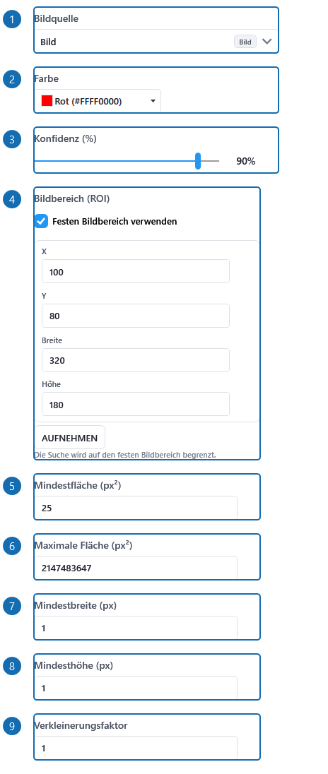 Detailansicht: Farberkennung. Markierte Beschriftungen zeigen die Einstellungen im Editor. Die Abbildung zeigt eine Beispielkonfiguration, keine ausgeführte Aktion. Zusammengestellte Ausschnitte echter Einstellungsfelder mit Beispielwerten; die Nummer markiert Beschriftung und Eingabe gemeinsam.