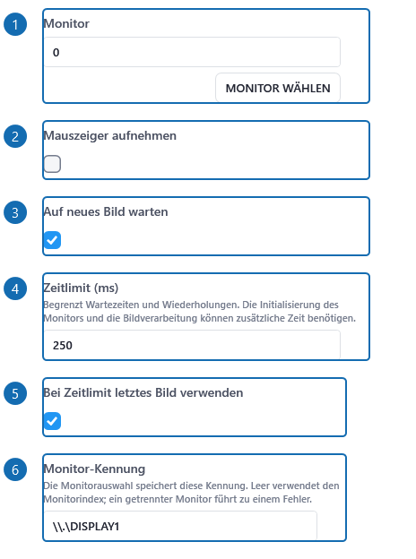 Detailansicht: Bildschirm aufnehmen. Markierte Beschriftungen zeigen die Einstellungen im Editor. Die Abbildung zeigt eine Beispielkonfiguration, keine ausgeführte Aktion. Zusammengestellte Ausschnitte echter Einstellungsfelder mit Beispielwerten; die Nummer markiert Beschriftung und Eingabe gemeinsam.