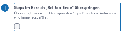 Detailansicht: Job beenden. Markierte Beschriftungen zeigen die Einstellungen im Editor. Die Abbildung zeigt eine Beispielkonfiguration, keine ausgeführte Aktion. Zusammengestellte Ausschnitte echter Einstellungsfelder mit Beispielwerten; die Nummer markiert Beschriftung und Eingabe gemeinsam.
