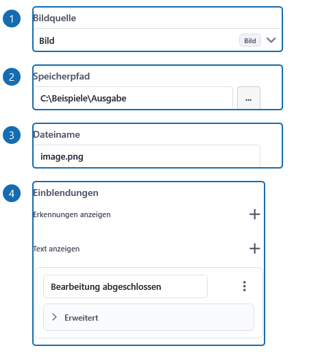 Detailansicht: Bild speichern. Markierte Beschriftungen zeigen die Einstellungen im Editor. Die Abbildung zeigt eine Beispielkonfiguration, keine ausgeführte Aktion. Zusammengestellte Ausschnitte echter Einstellungsfelder mit Beispielwerten; die Nummer markiert Beschriftung und Eingabe gemeinsam.