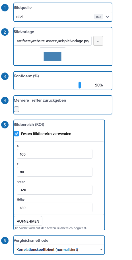 Detailansicht: Bildvorlage erkennen. Markierte Beschriftungen zeigen die Einstellungen im Editor. Die Abbildung zeigt eine Beispielkonfiguration, keine ausgeführte Aktion. Zusammengestellte Ausschnitte echter Einstellungsfelder mit Beispielwerten; die Nummer markiert Beschriftung und Eingabe gemeinsam.