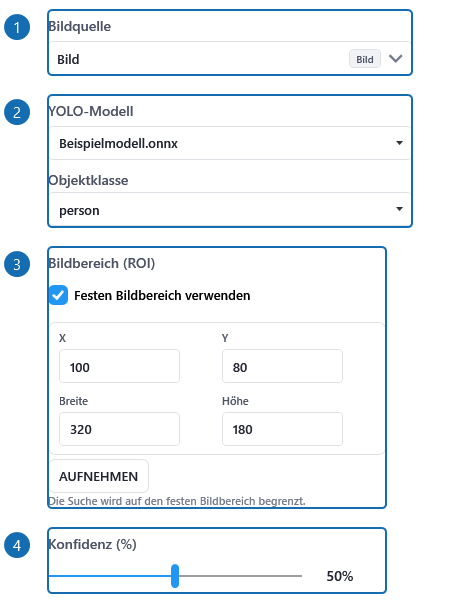 Detailansicht: Objekte erkennen. Markierte Beschriftungen zeigen die Einstellungen im Editor. Die Abbildung zeigt eine Beispielkonfiguration, keine ausgeführte Aktion. Zusammengestellte Ausschnitte echter Einstellungsfelder mit Beispielwerten; die Nummer markiert Beschriftung und Eingabe gemeinsam.