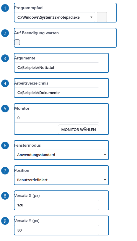 Notepad als Beispielprogramm: ausführbare Datei und Startoptionen im Editor. Zusammengestellte Ausschnitte echter Einstellungsfelder mit Beispielwerten; die Nummer markiert Beschriftung und Eingabe gemeinsam.